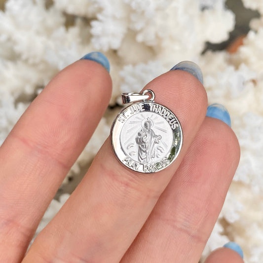 14KT White Gold Satin Saint Jude Round Medal Pendant 15mm