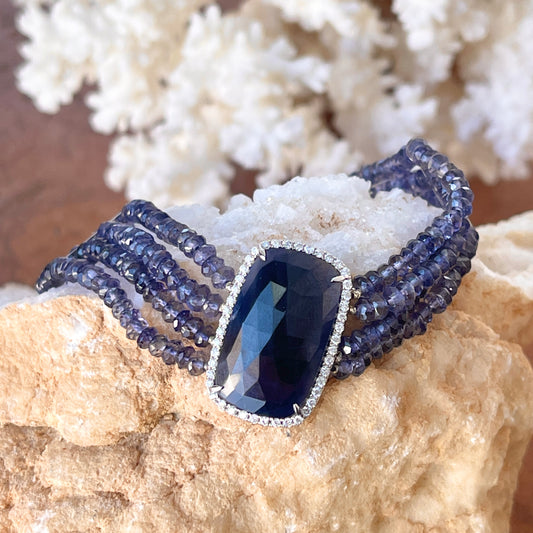 14KT White Gold Blue Sapphire Diamond Halo Multi Strand Bead Bracelet