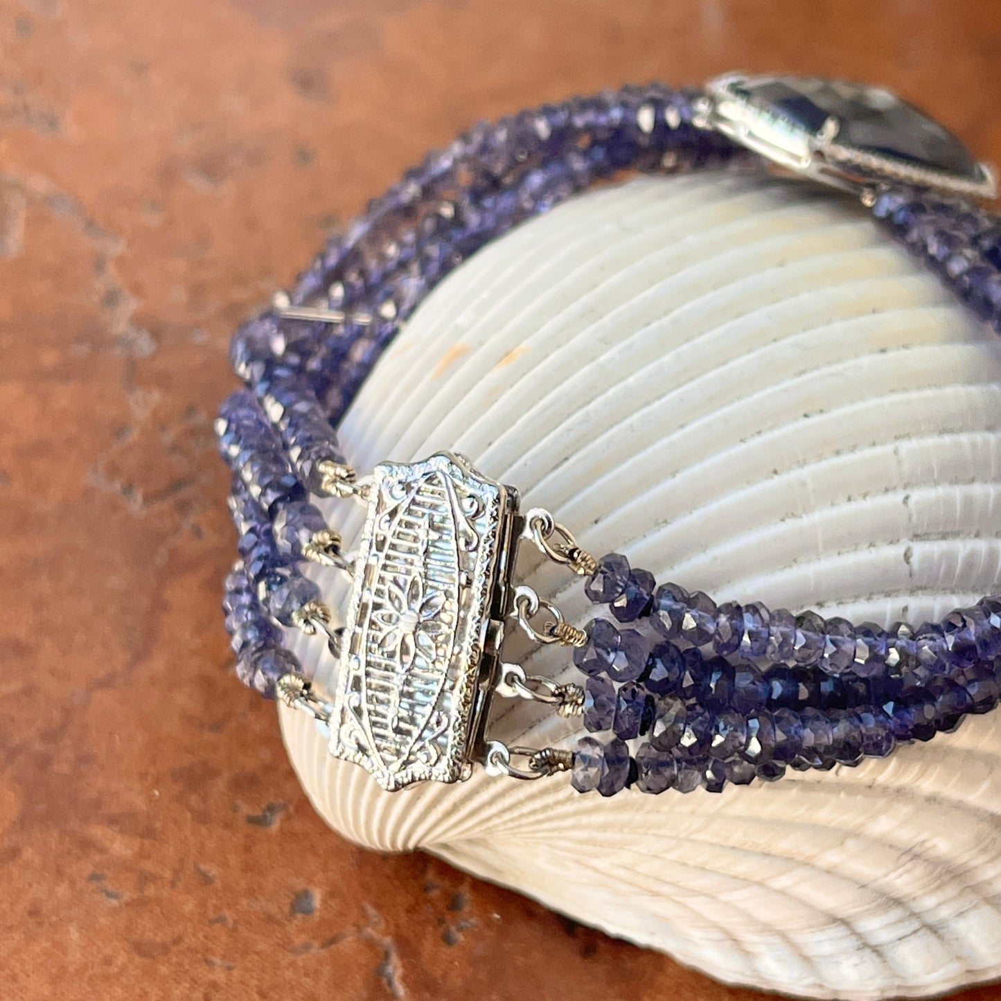 14KT White Gold Blue Sapphire Diamond Halo Multi Strand Bead Bracelet