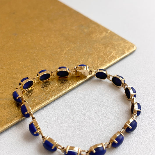 Estate 14KT Yellow Gold Oval Blue Lapis Links Bracelet