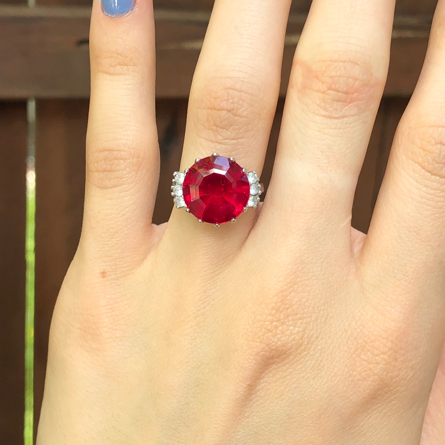 Estate 10KT White Gold Red Stone + CZ Ring Size 5.5, Estate 10KT White Gold Red Stone + CZ Ring Size 5.5 - Legacy Saint Jewelry