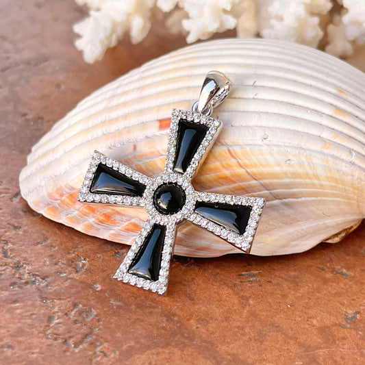 Sterling Silver Black Onyx + CZ Maltese Cross Pendant 42mm