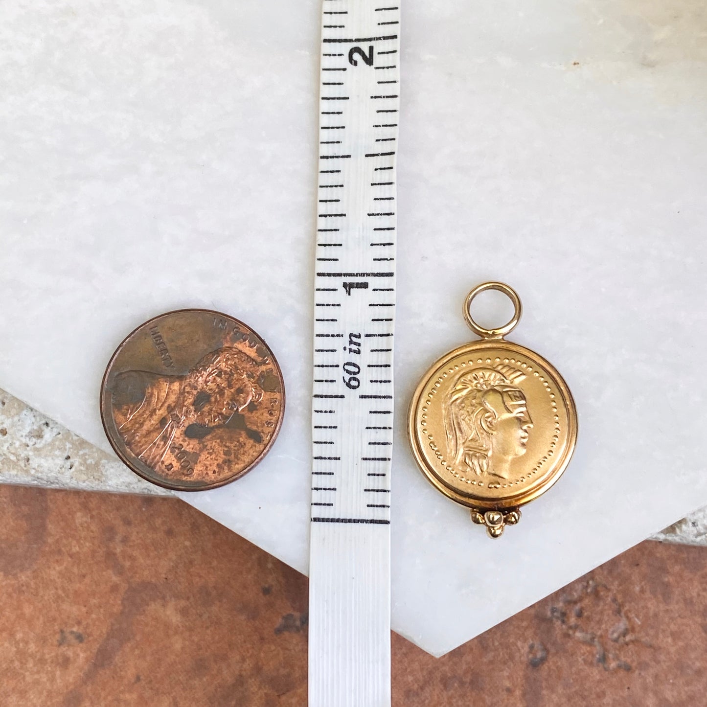 Estate 14KT Yellow Gold Matte Replica Roman Soldier Coin Earrings Charms