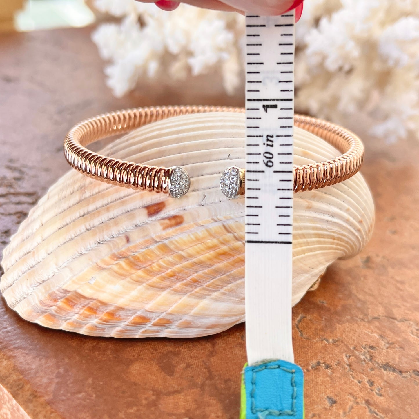 18KT Rose Gold Pave Diamond End Cap Corrugated Cuff Bangle Bracelet