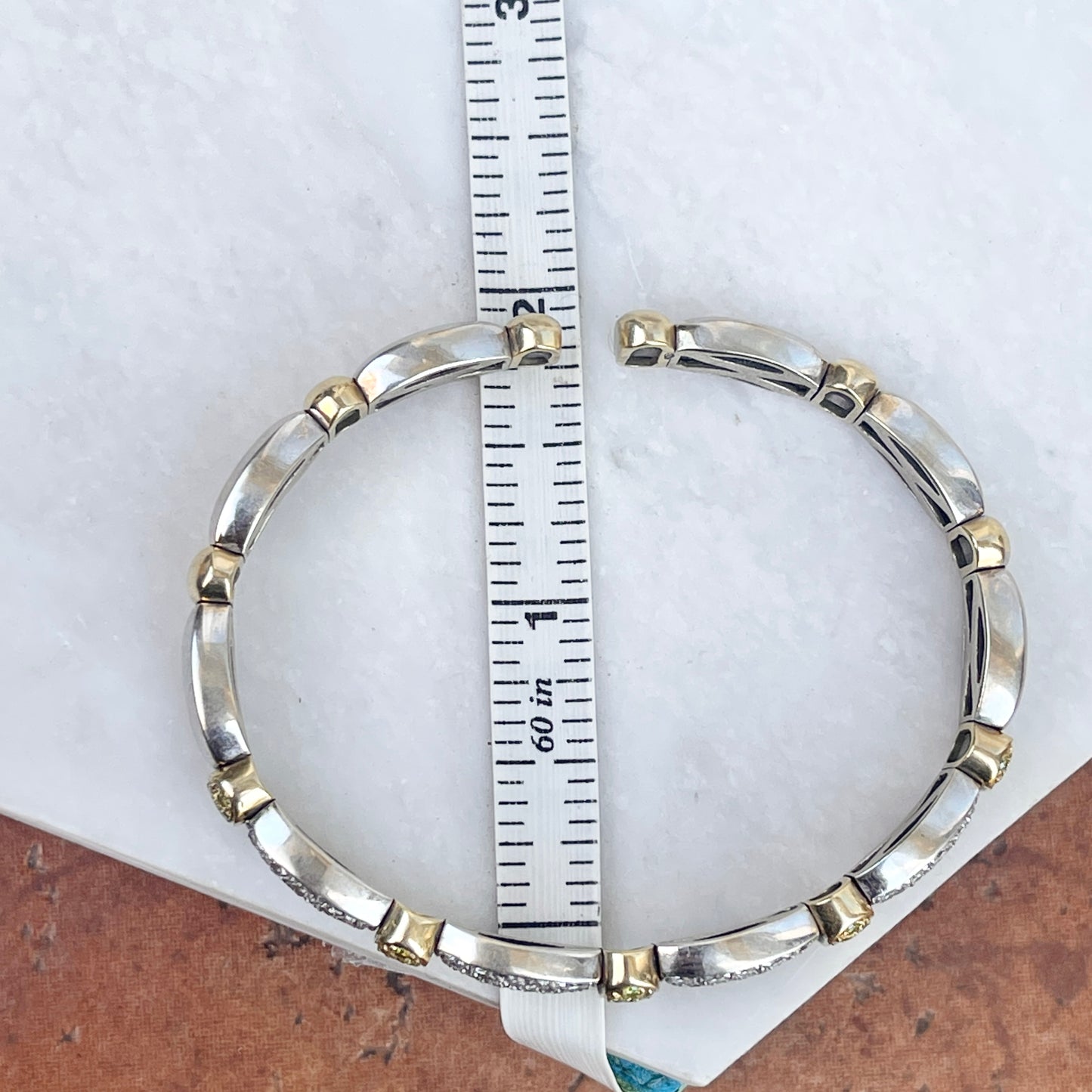 Estate 18KT Yellow Gold + White Gold Pave White + Yellow Diamond Stretch Bangle Bracelet