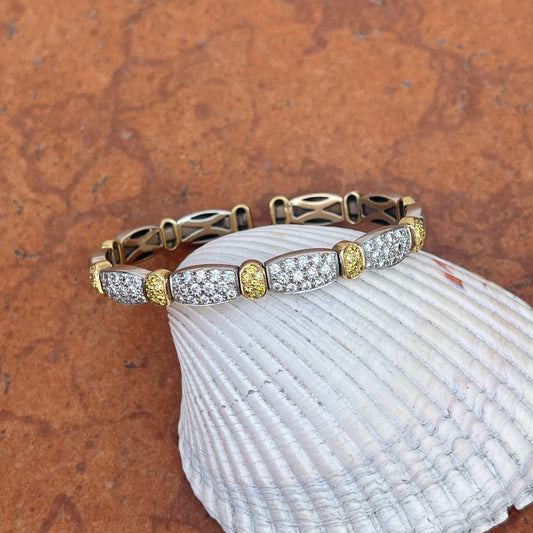 Estate 18KT Yellow Gold + White Gold Pave White + Yellow Diamond Stretch Bangle Bracelet