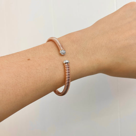 18KT Rose Gold Pave Diamond End Cap Corrugated Cuff Bangle Bracelet