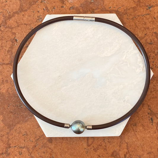 Stainless Steel + Brown Rubber Gray Tahitian Pearl Collar Necklace 16", Stainless Steel + Brown Rubber Gray Tahitian Pearl Collar Necklace 16" - Legacy Saint Jewelry