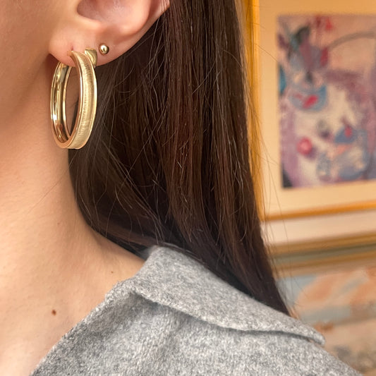 14KT Yellow Gold Satin + Shiny Round Hoop Earrings 35mm