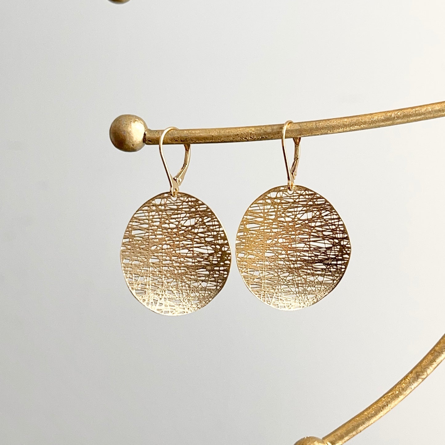 14KT Yellow Gold Matte Cobweb Wave Disc Lever Back Earrings 28mm