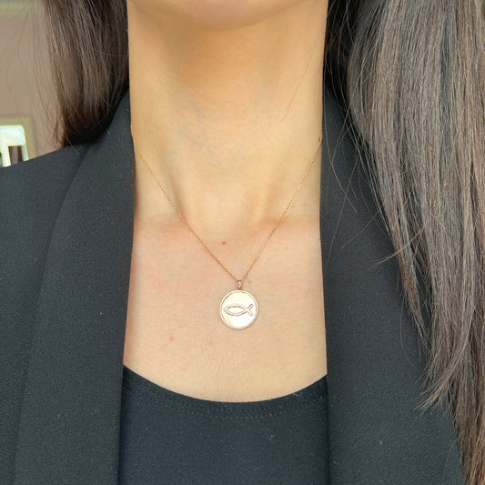 14KT Rose Gold Matte Ichthus Round Medal Disc Pendant 20mm