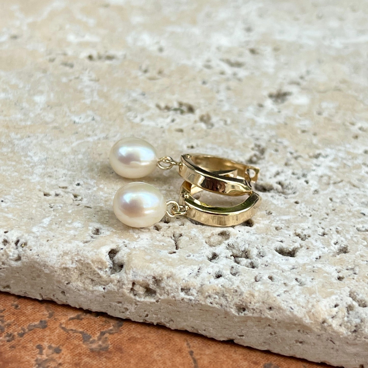 14KT Yellow Gold Freshwater Pearl Charm Huggie Hoop Earrings