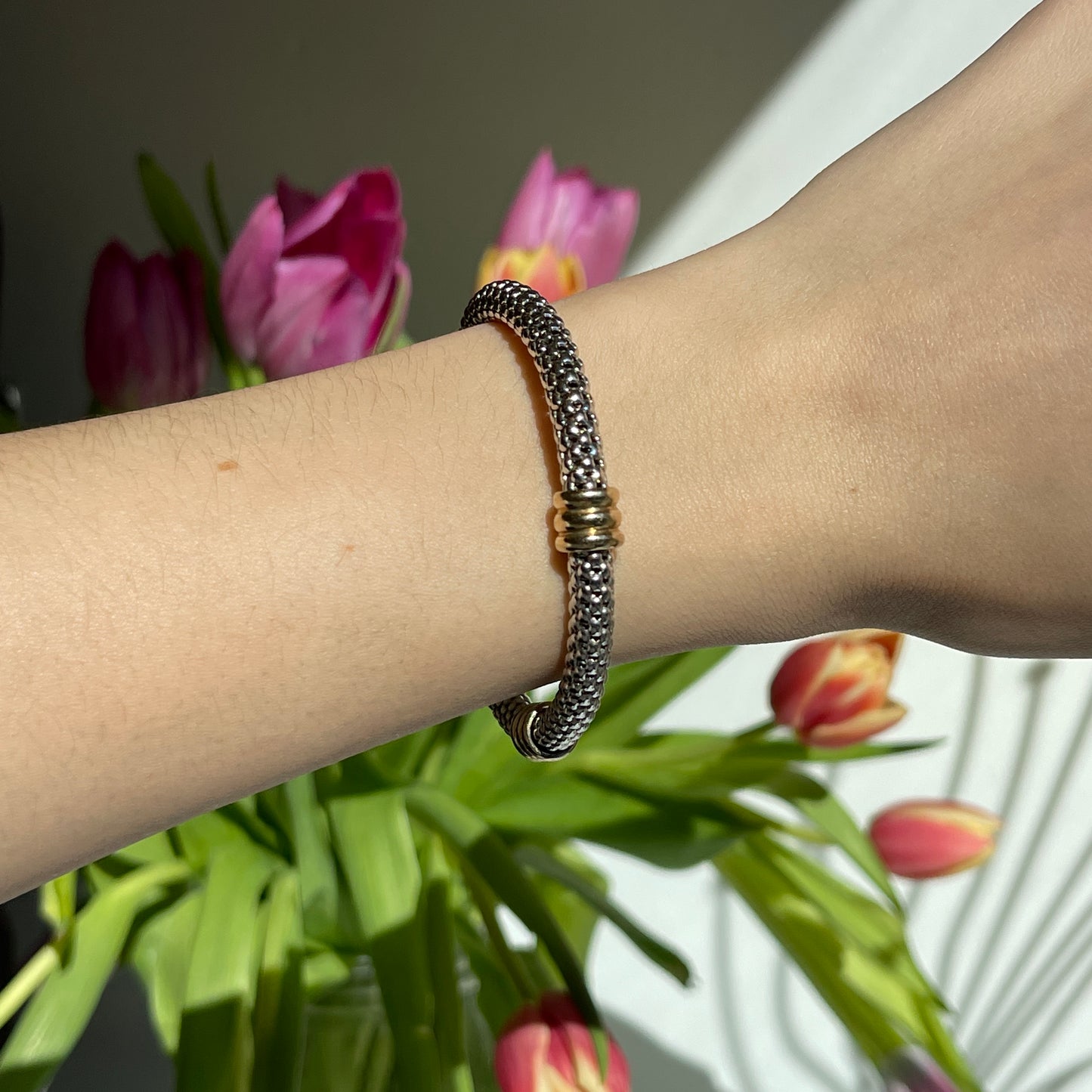 Estate 14KT White Gold + Yellow Gold Popcorn Link Bangle Bracelet