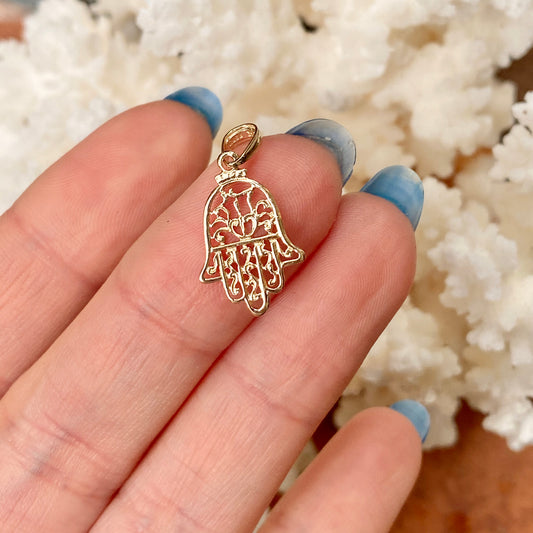 14KT Yellow Gold Filigree Chamseh Hamsa Pendant Charm 23mm