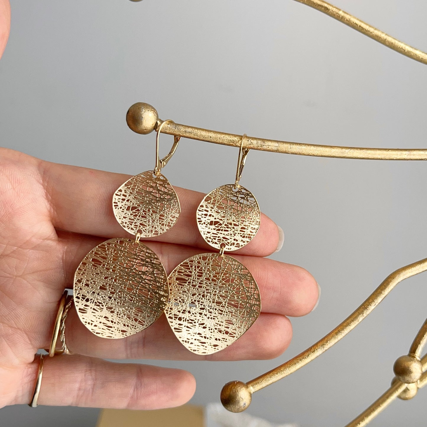 14KT Yellow Gold Double Disc Cobweb Lever Back Dangle Earrings - LSJ