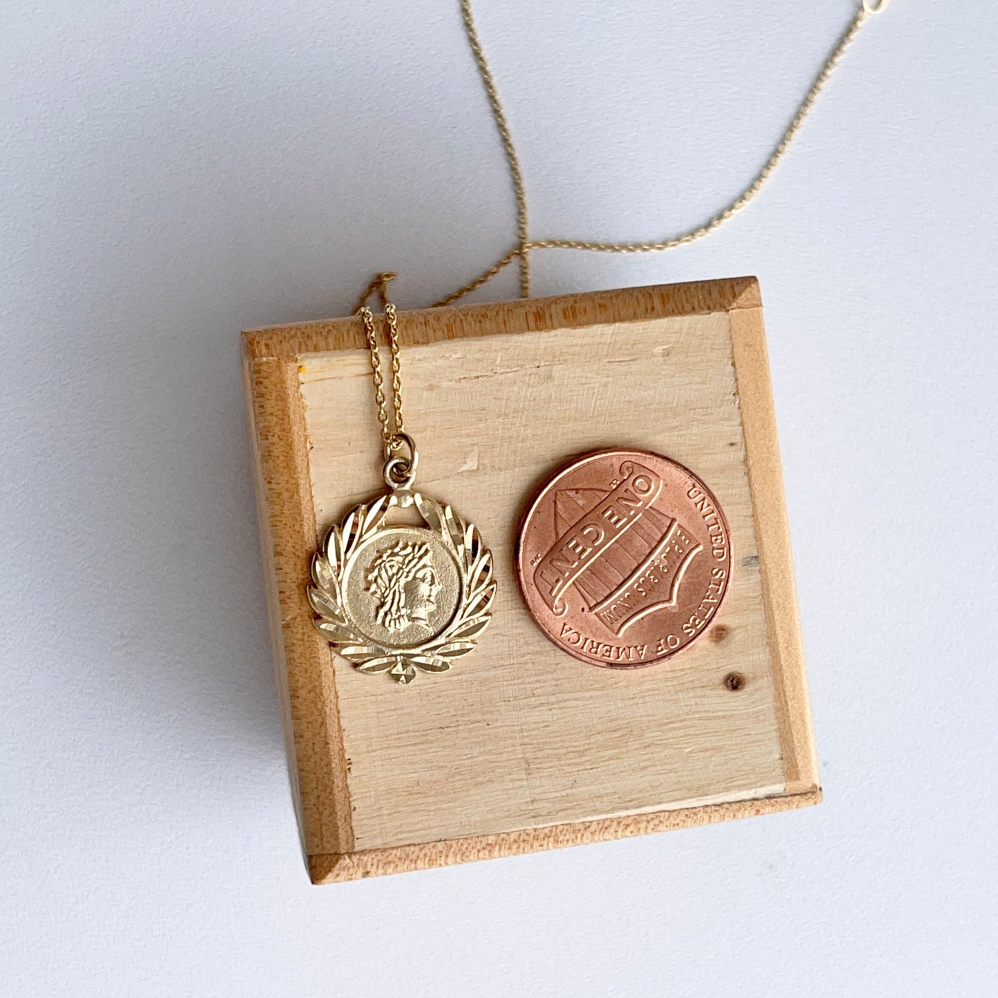 14KT Yellow Gold Leaf Frame Roman Coin Disc Pendant Necklace