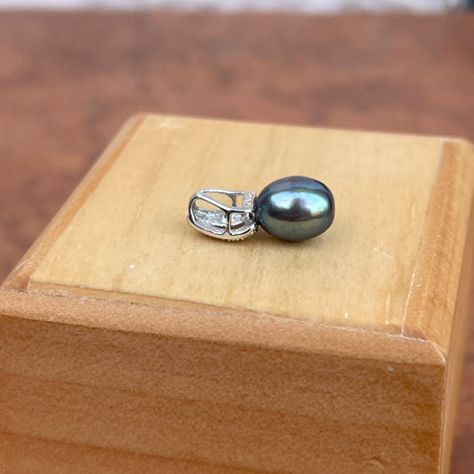 Estate 14KT White Gold Pave Diamond + Gray Tahitian Pearl Pendant Slide