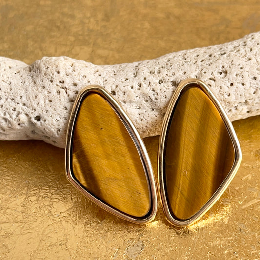 Estate 14KT Yellow Gold Peter Brams Brown Tiger's Eye Clip-On Earrings