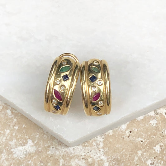 Estate 14KT Yellow Gold Sapphire, Ruby + Emerald Diamond Half-Hoop Earrings - Legacy Saint Jewelry