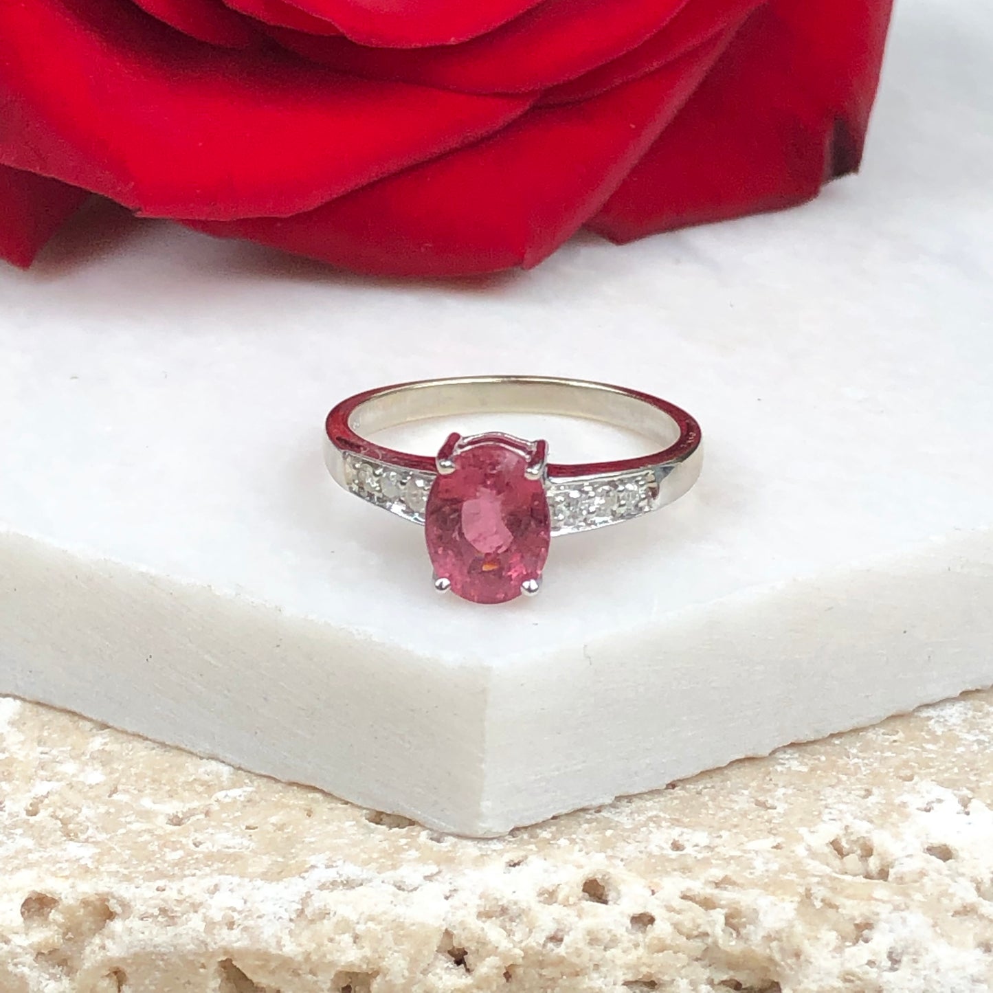 Estate 14KT White Gold Oval Pink Tourmaline + Pave Diamond Ring Size 7, Estate 14KT White Gold Oval Pink Tourmaline + Pave Diamond Ring Size 7 - Legacy Saint Jewelry