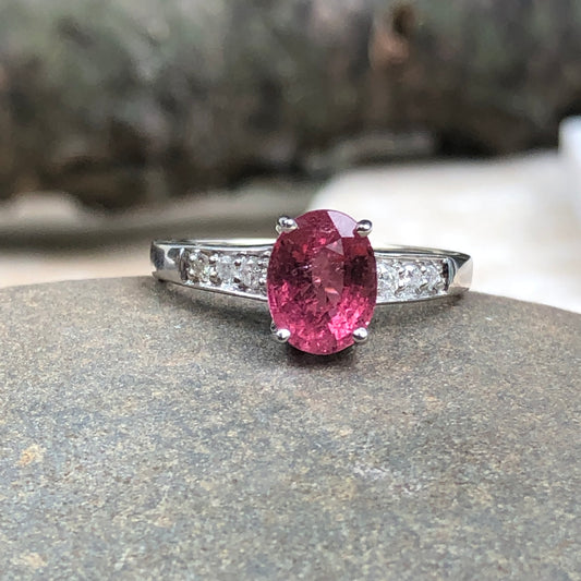 Estate 14KT White Gold Oval Pink Tourmaline + Pave Diamond Ring Size 7, Estate 14KT White Gold Oval Pink Tourmaline + Pave Diamond Ring Size 7 - Legacy Saint Jewelry