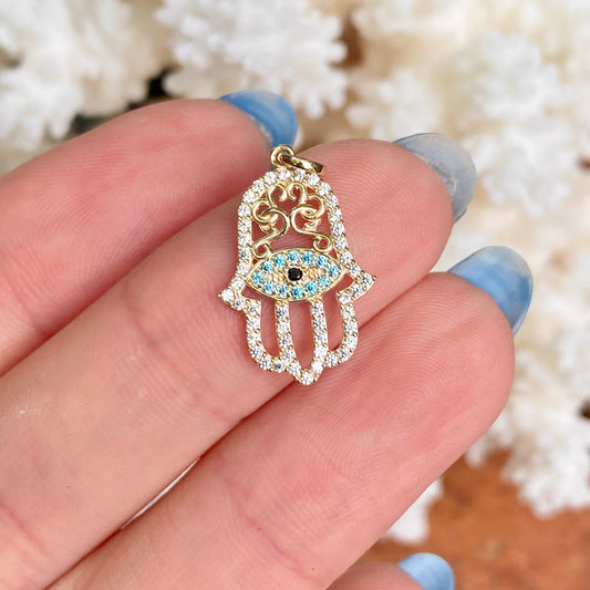 14KT Yellow Gold Multi-Colored CZ Filigree Hamsa Pendant 22mm