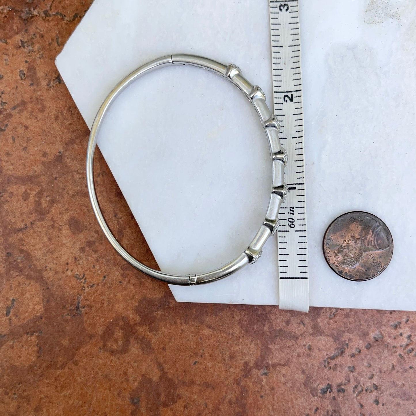 Estate 18KT White Gold Matte Pave Diamond Station Hearts Bangle Bracelet