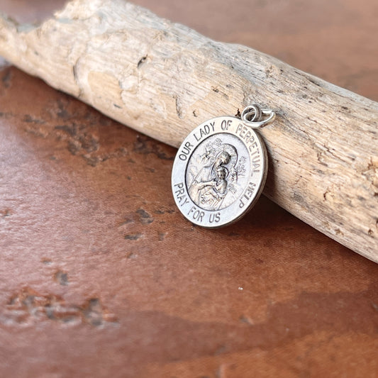 Sterling Silver Antiqued Our Lady of Perpetual Help Round Medal Pendant 18mm - LSJ