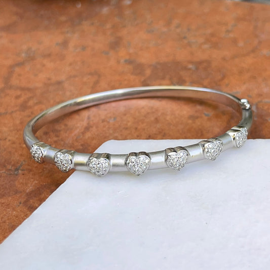 Estate 18KT White Gold Matte Pave Diamond Station Hearts Bangle Bracelet