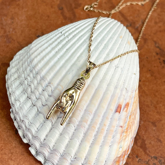 14KT Yellow Gold Italian Mano Cornuto Chain Necklace 30mm