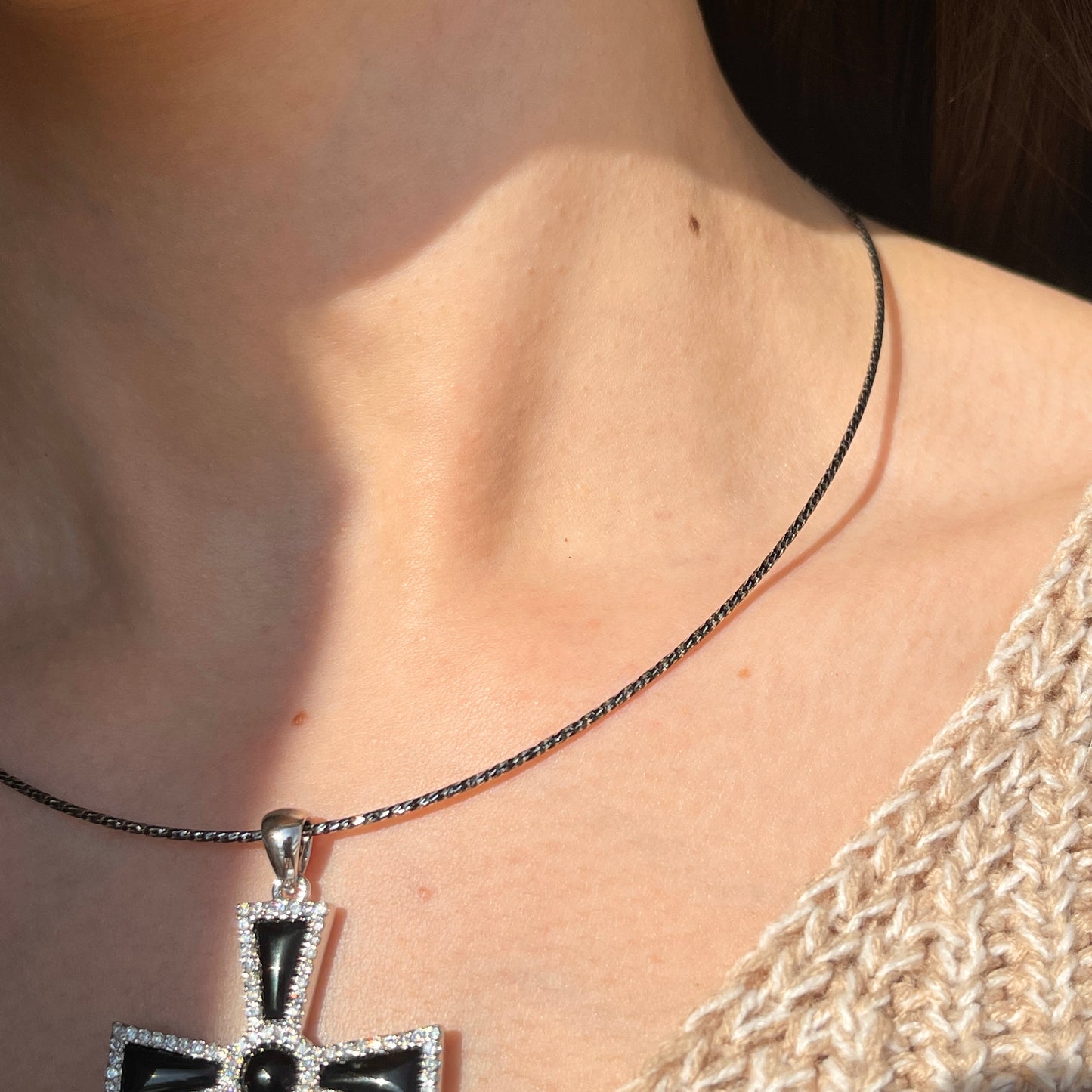 Sterling Silver Black Onyx + CZ Maltese Cross Pendant 42mm