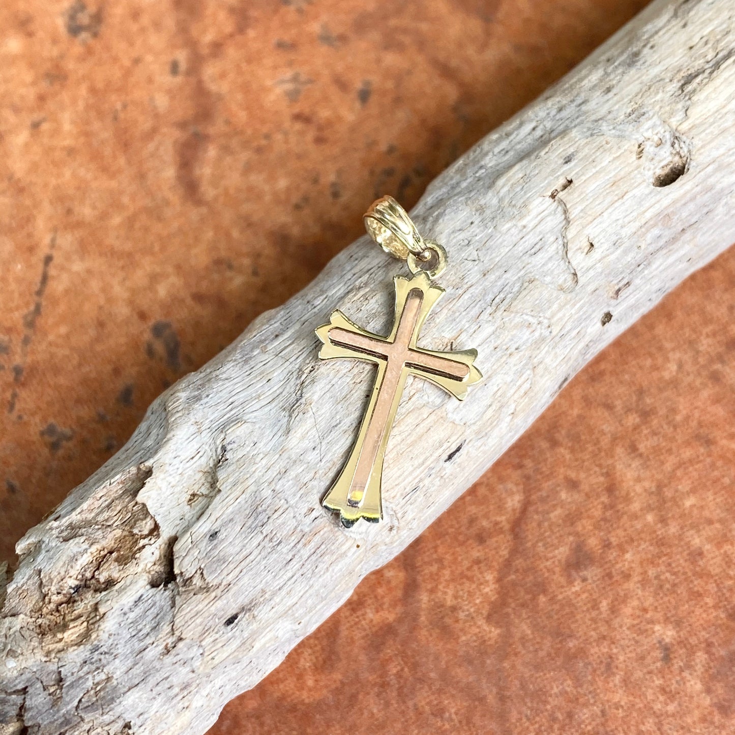 10KT Yellow Gold + Rose Gold Cross Pendant Charm 22mm