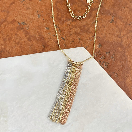 14KT Yellow Gold, Rose Gold, + White Gold Tassel Chain Lariat Necklace