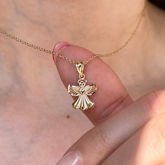 14KT Yellow Gold Filigree Guardian Angel Holding Heart Pendant Charm