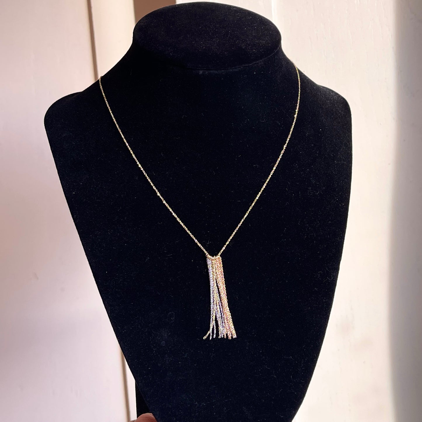 14KT Yellow Gold, Rose Gold, + White Gold Tassel Chain Lariat Necklace