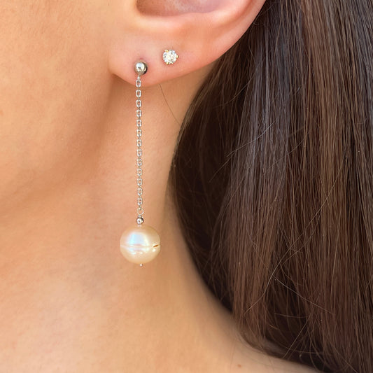 14KT White Gold Pale Pink Freshwater Pink Chain Dangle Earrings