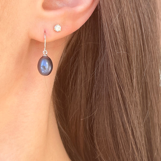 Sterling Silver Black Freshwater 8mm Pearl Hook Earrings