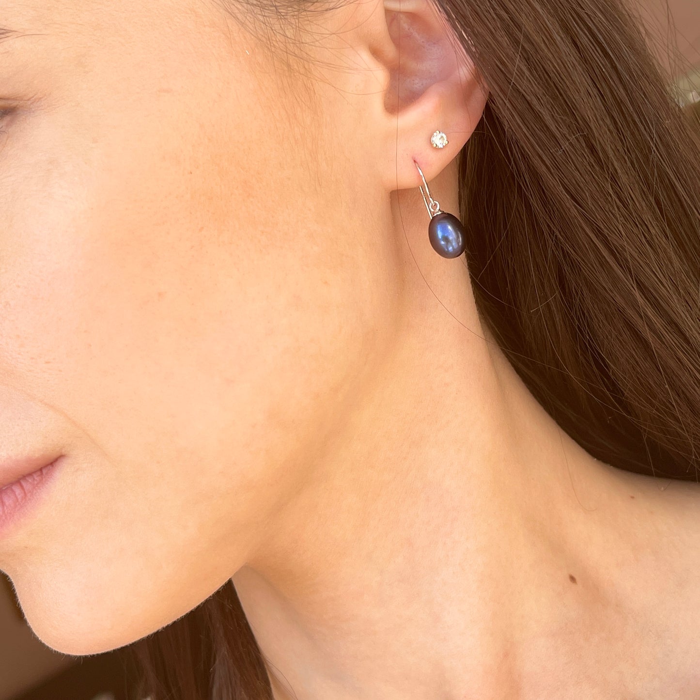 Sterling Silver Black Freshwater 8mm Pearl Hook Earrings