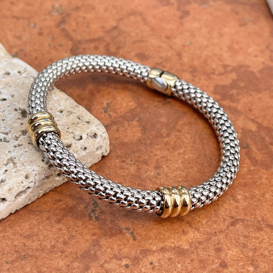 Estate 14KT White Gold + Yellow Gold Popcorn Link Bangle Bracelet