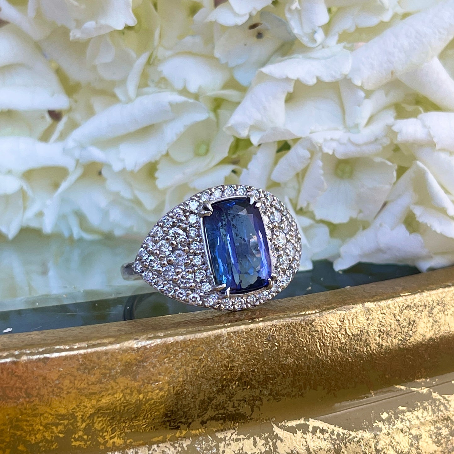 Estate 14KT White Gold Pave Diamond + Cushion 4.87 CT Tanzanite Ring