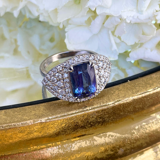 Estate 14KT White Gold Pave Diamond + Cushion 4.87 CT Tanzanite Ring