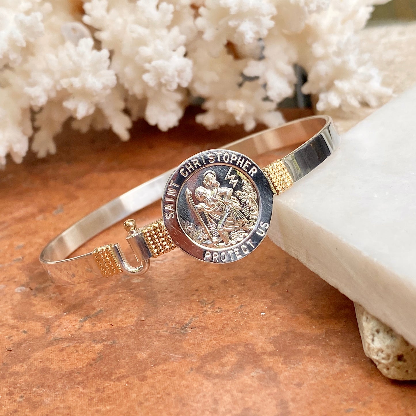 Sterling Silver + 14KT Yellow Gold Accent St Christopher Medal Bangle Bracelet