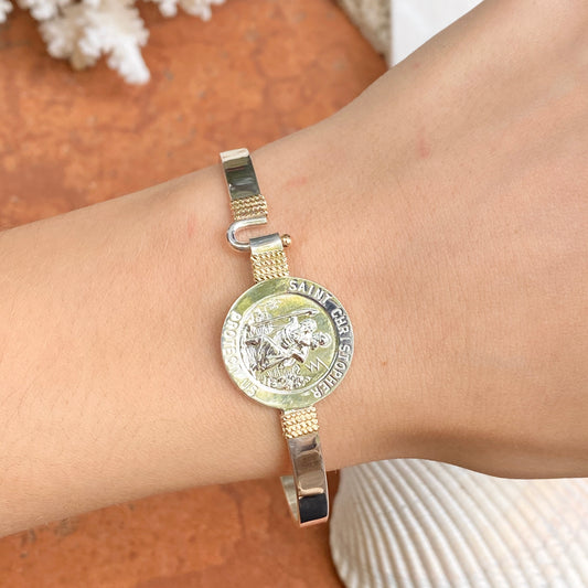 Sterling Silver + 14KT Yellow Gold Accent St Christopher Medal Bangle Bracelet