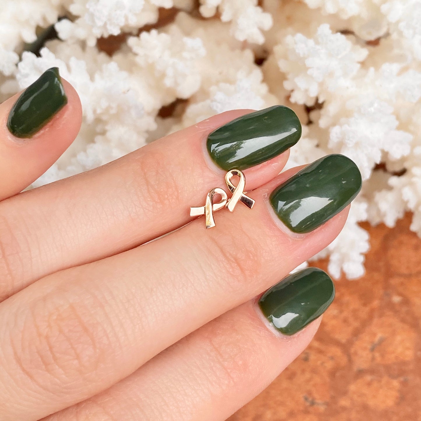 14KT Rose Gold + Yellow Gold Mini Breast Cancer Awareness Ribbon Stud Earrings