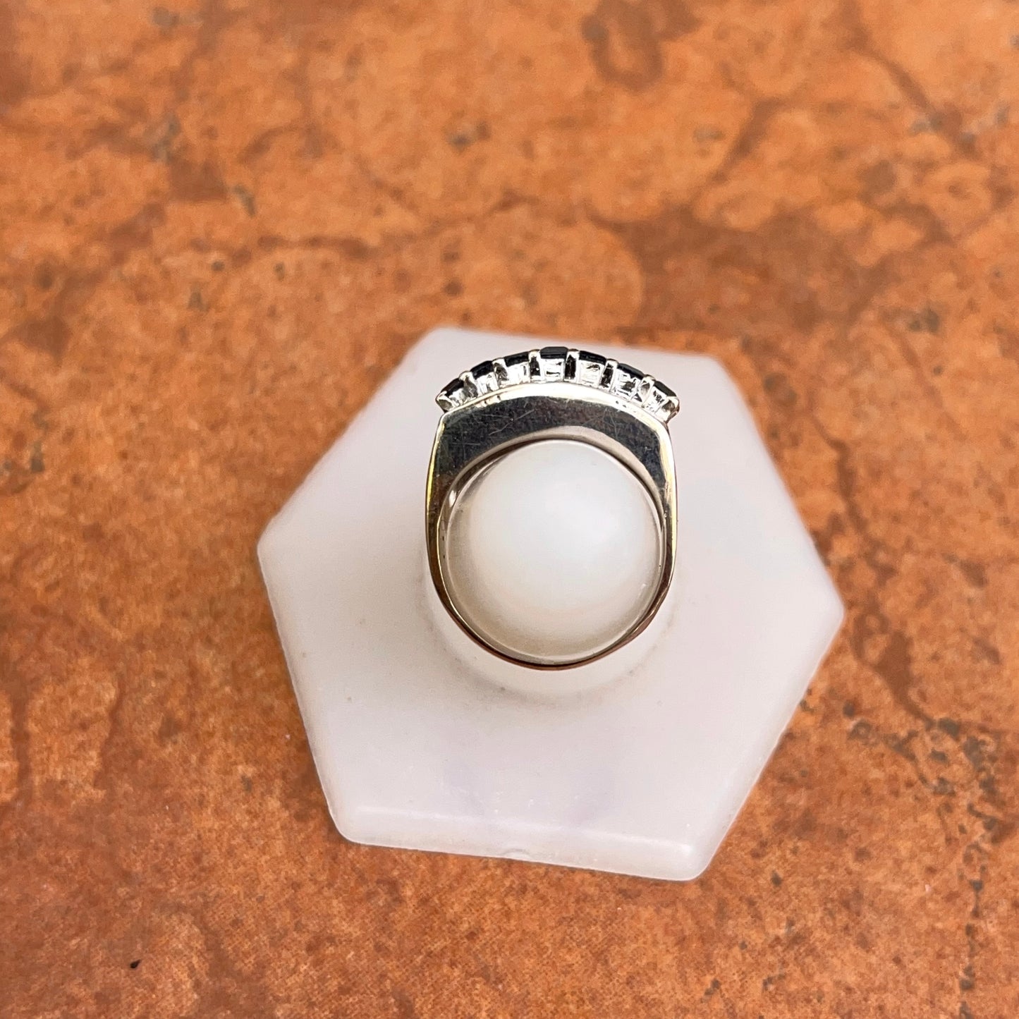 Estate 18KT White Gold Emerald-Cut Blue Sapphires + Channel Diamonds Ring