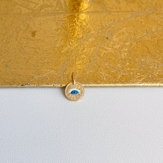 14KT Yellow Gold Blue Enamel Evil Eye Disc Pendant Charm