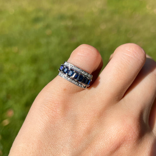 Estate 18KT White Gold Emerald-Cut Blue Sapphires + Channel Diamonds Ring