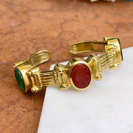 Estate 18KT Yellow Gold Onyx + Carnelian Intaglio Cuff Bracelet
