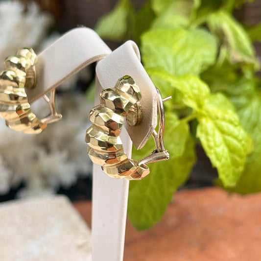 Estate 14KT Yellow Gold Ribbed + Domed Half-Hoop Omega Back Earrings