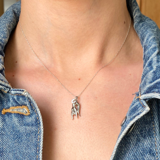 14KT White Gold Mano Cornuto + Italian Horn Pendants Chain Necklace